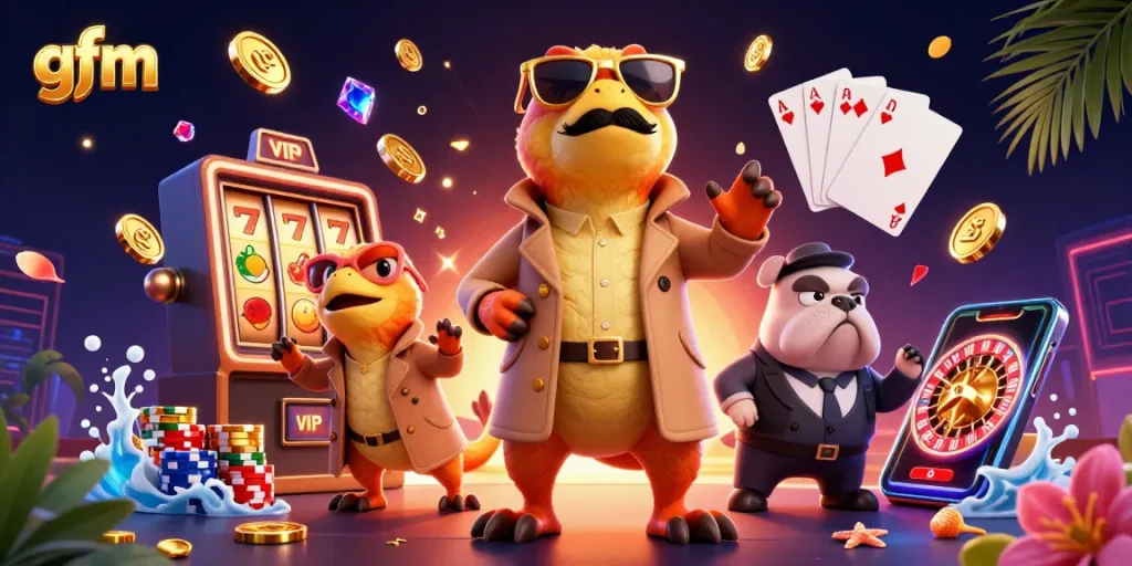 Engage in the thrill of online gambling with gfm, featuring raptors in disguise at a casino.